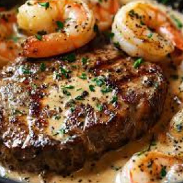 Sirloin Steak & Baked Stuffed Shrimp.