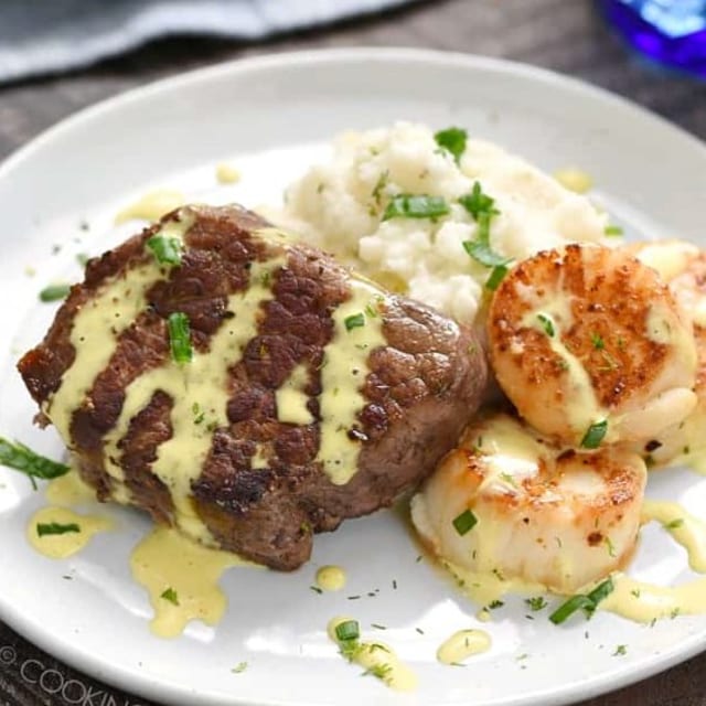 Sirloin Steak & Baked Scallops.